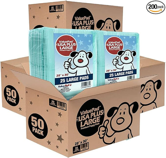 ValuePad USA Plus Puppy Pads, Large 28x30 Inch, 200 Count Bulk Pack - Premium Puppy Pee Pads for Dogs, Tear Resistant, Super Absorbent Polymer Gel Core, 5-Layer Design