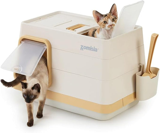 ZOMISIA Stainless Steel Cat Litter Box, Extra Large Covered Litter Box with Lid, Scoop, Odor Control Filter, XL Side/Top Entry Enclosed Cat Boxes for Big Kitty, Khaki