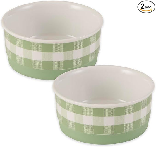 Bone Dry Ceramic Food Bowls, Non-Slip & Dishwasher Safe, Small Set, 4.25x2 Desert Sage Check