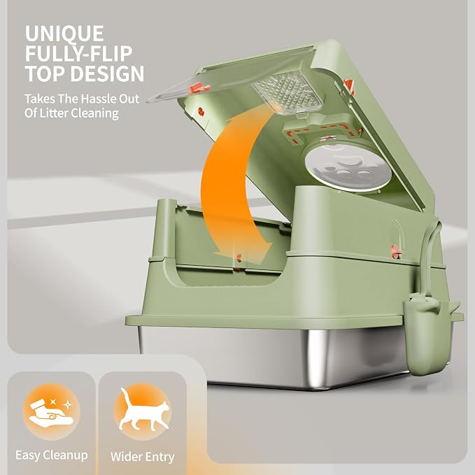 Stainless Steel Cat Litter Box with Lid, Enclosed Extra Large Metal Litter Pan for Big Cats, Full Flip Cover High Sided LitterBox Include Scoop, Easy Cleaning, Non-Stick, Green