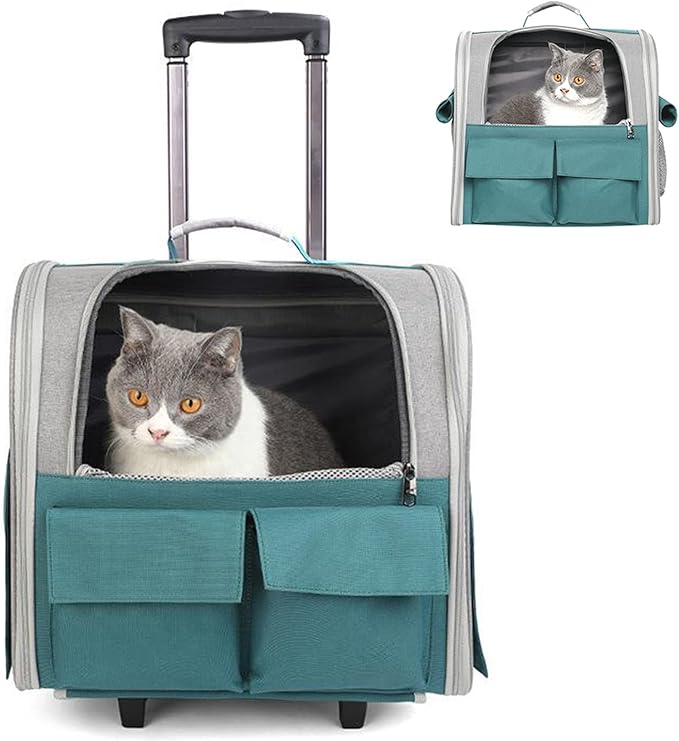 Cats Rolling Carrier with Wheels, Foldable Dog Travel Carrier Backpack Luggage Bag,Cats,Puppies Travel Bag Trolley with Mesh Ventilation Windows, Storage Pockets