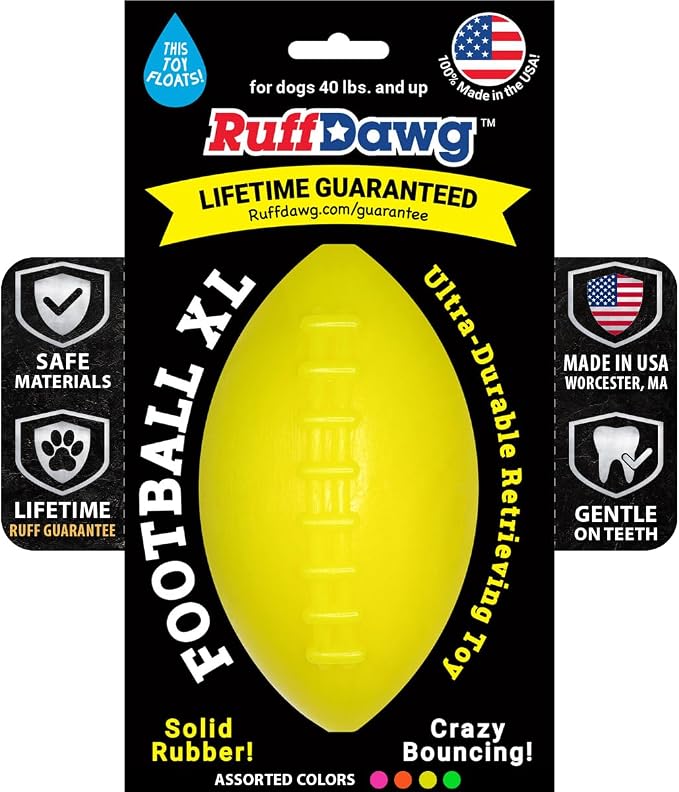 Ruff Dawg Indestructible Football XL 6” Yellow – Heavy-Duty Solid Rubber Dog Fetch Toy for Dogs 40 lbs & Up – Floats & Crazy Bounce – Made in USA