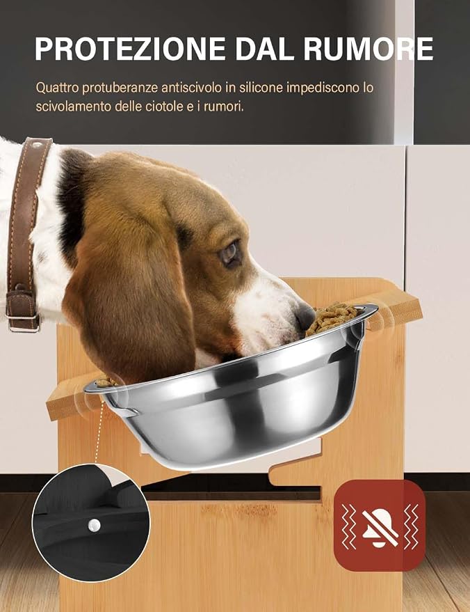 Vantic Elevated Dog Bowls with Mat, Adjustable Raised Dog Bowl Stand for Small Puppy and Cats, Sturdy Bamboo Pet Food Feeder with 2 Stainless Steel Dishes, Natural