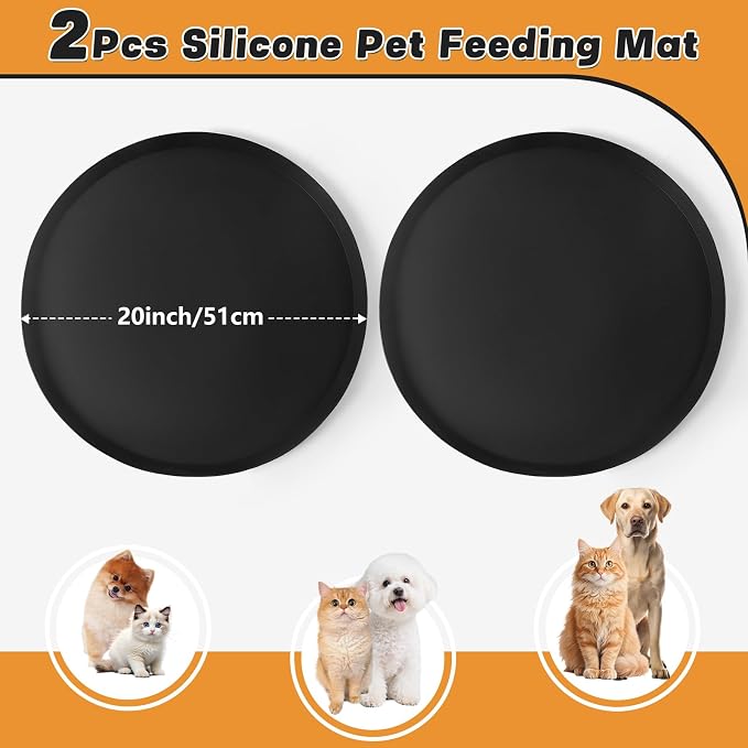 20" Silicone Pet Food Mat, 2PCS Waterproof Feeding Mat for Dog & Cat Extra Large Dog Bowl Mats with Raised Edge, Non-Slip, Protects Floors, Easy to Clean (Black)