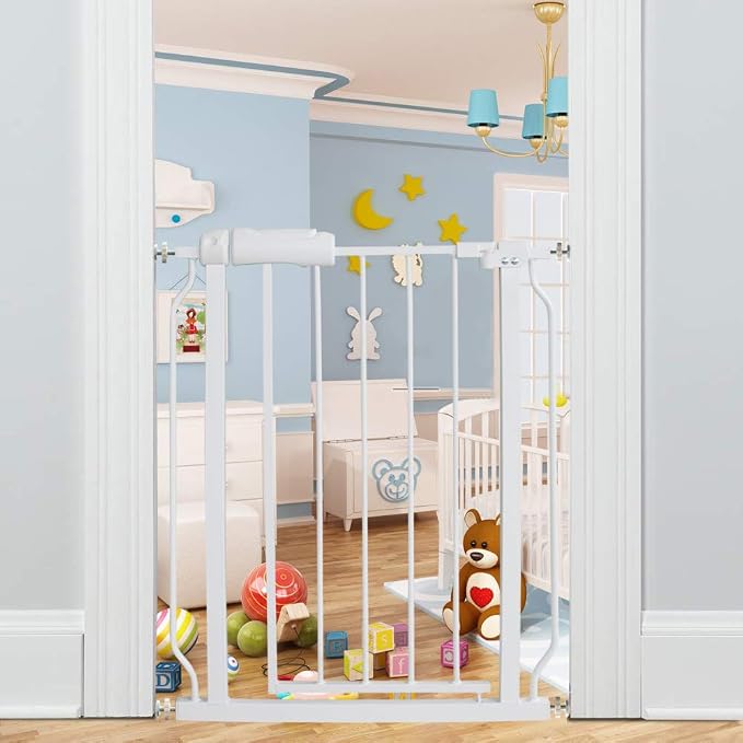 ALLAIBB Extra Wide Pressure Mounted Baby Gate Walk Through Child Kids Safety Toddler Tension White Long Large Pet Dog Gates with Extension for doorways Kitchen (24.02-29.13/61-74cm, White)
