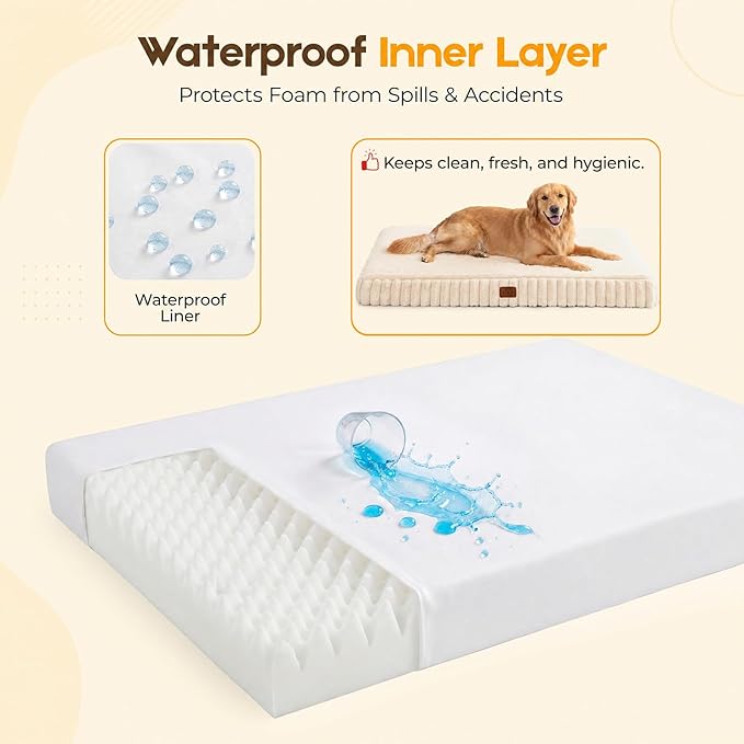 Orthopedic Dog Bed for Extra Large Dog, Waterproof Pet Bed for Crate,Non-Slip Bottom and Egg-Crate Foam with Removable Washable Cover Crate Bed,Cream,41"x27"x4"