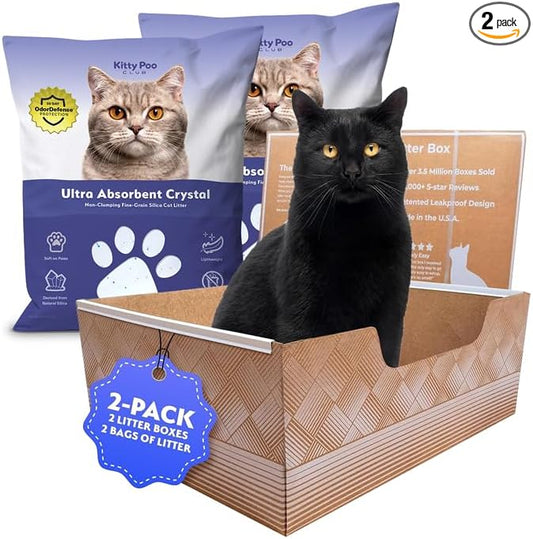 Kitty Poo Club Disposable Cat Litter Box 2-Pack with 2 Bags Fine-Grain Silica Litter (6 lbs Each), Patented Leak-Proof Design, 2 Months Odor Control, Made in USA, Perfect for Travel & Multi-Cat Homes