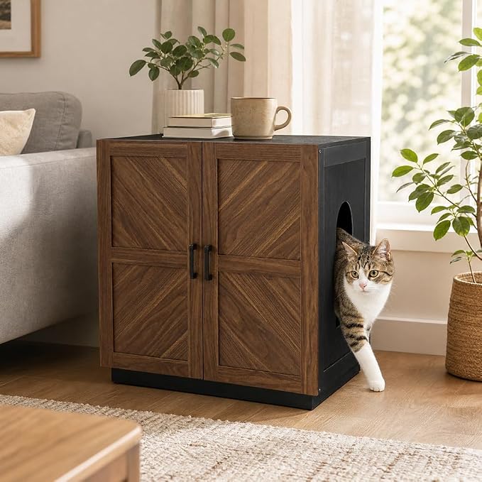 unipaws Extra Large Cat Litter Box Enclosure for Self-Cleaning & Automatic Litter Boxes, Tall Cabinet with Charging Station, Wooden Dog Proof Hidden Cat House for Top Entry Litter Box