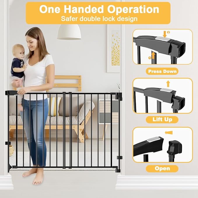 DEARBB 29.5-43.3" No Bottom Bar Baby Gate Large Walk Thru Door Auto Close Safety Wall Mount Metal Dog Gate Stairs House and Doorways Elders and Pets-Black (Black, 29.5-43.3" W x 29.5" H)