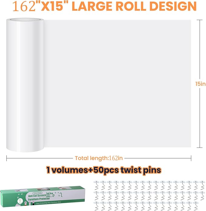 Thicken Cat Scratch Furniture Protector, 165"x15" Couch Protector from Cat Claws, Single-Sided Sticky Furniture Protectors From Cats Scratching, Extended Size Protects More Furniture+50 Fixing