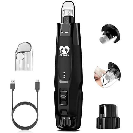 Casfuy New 6-Speed Dog Nail Grinder - 50% More Power Dog Nail Trimmers with 2 LED Lights Quiet 7h Running Time Electric Pet Nail Grinder File Toenail Grinder for Large Medium Small Dogs & Cats (Black)