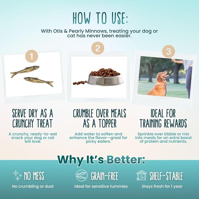 Otis & Pearly Freeze Dried Minnow Dog Treats - Single Ingredient, Made in USA - Healthy Protein Treat for Small, Medium, Large Breeds, Cats (6 oz)