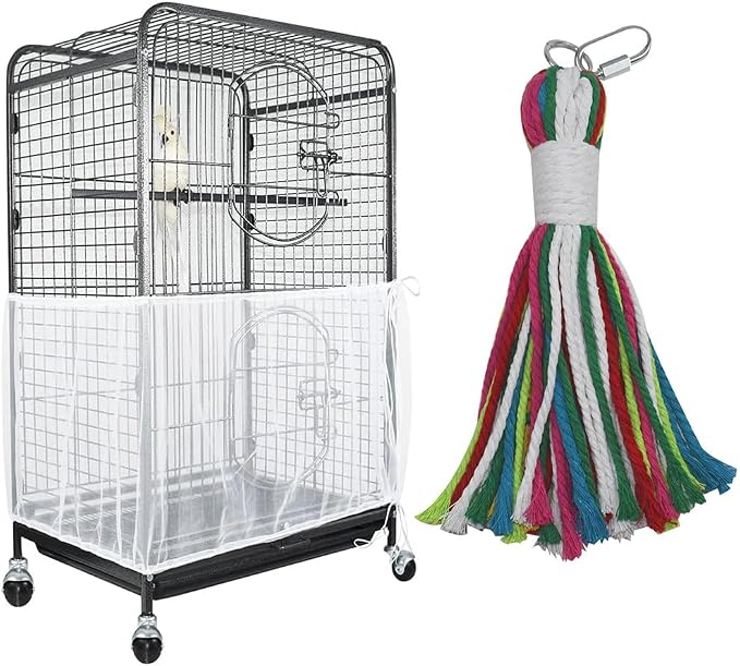 ASOCEA Extra Large Bird Cage Seed Catcher Guard with Pet Bird Parrot Colorful Cotton Rope Universal Birdcage Cover Nylon Mesh Net for Parrot Parakeet Macaw Lovebird African Grey - White