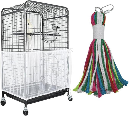 ASOCEA Extra Large Bird Cage Seed Catcher Guard with Pet Bird Parrot Colorful Cotton Rope Universal Birdcage Cover Nylon Mesh Net for Parrot Parakeet Macaw Lovebird African Grey - White