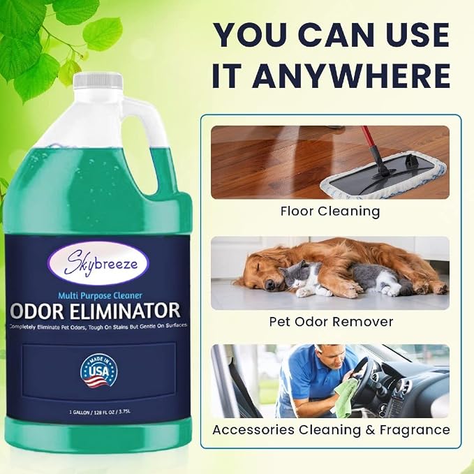 Pet Stain Odor eliminator - Super-concentrated Enzyme cleaner - Sky breeze - Extra Strong Odor and stain remover - Best Remover for Cat and Dog Pee All Purpose Cleaner and Deodorizer 2 gallon