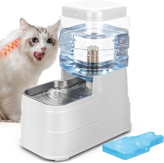 1.1 Gallon Pet Automatic Dog Water Dispenser Cat Gravity Waterer Feeder with Stainless Steel Bowl Large Capacity Puppy Feeding Raised Bowls with Filter,Ice Pack (White, 4L(1.1 Gallon))