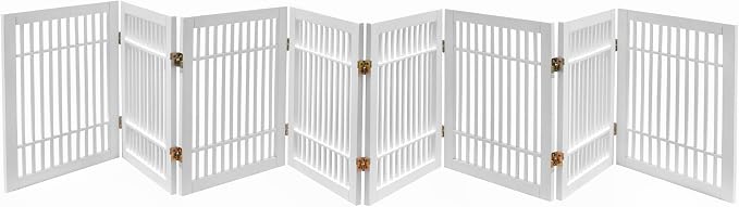 Urnporium Pet Dog Gate Freestanding, Strong Durable Folding Wooden Fence, Portable Acacia Hardwood Safety Barrier for Indoor & Outdoor Use (White Pet Gate, 8 Panel 24" Tall)