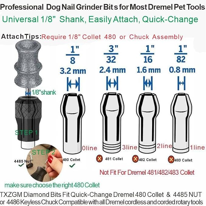 Diamond Dog Nail Grinder Bit Compatible with Dremel 7760 7350 & More, 1/8'' Stress-Free Replacement Head Attachment, Ideal for Medium, Large & Extra Large Dogs, Thick Nail Grooming, 2-Pack | 1/8" Diamond Bit, Safe Nail Trimming, Smooth for Thick Nails