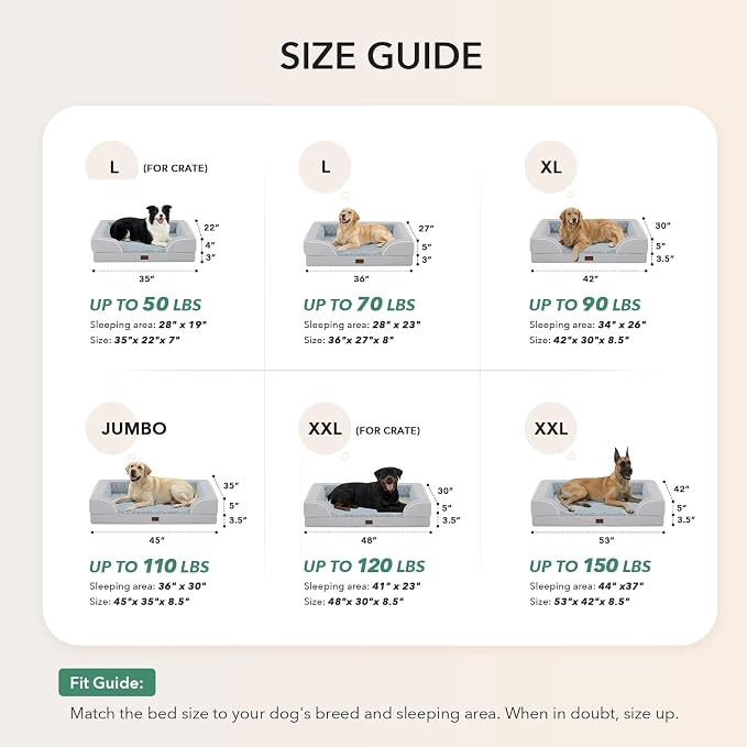 Orthopedic Dog Beds for Extra Large Sized Dogs 45x35 Inch, XL Waterproof Egg Crate Foam Dog Sofa Bed with Removable Washable Cover Big Pet Couch with Bolster & Non-Slip Bottom, Light Grey