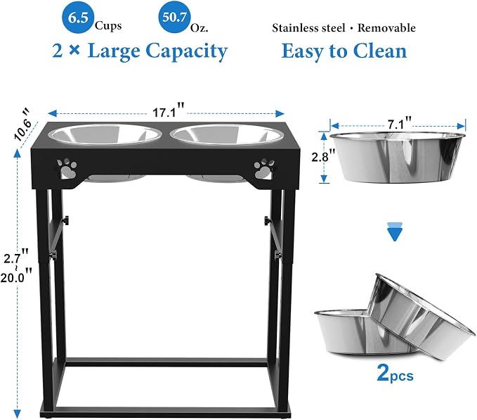 Raised Dog Bowl for Large Dogs,Elevated Dog Bowls Steel Dog Bowls for Food & Water (DB01H-BLACK, 20inch 1.5L)
