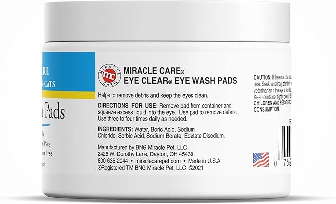 Miracle Care Eye Wash Pads,90 Use Pre-Soaked Pads to Gently Clean and Soothe Dog and Cat Eyes; Non Stinging Formula to Remove Eye Debris,(Pack of 2)