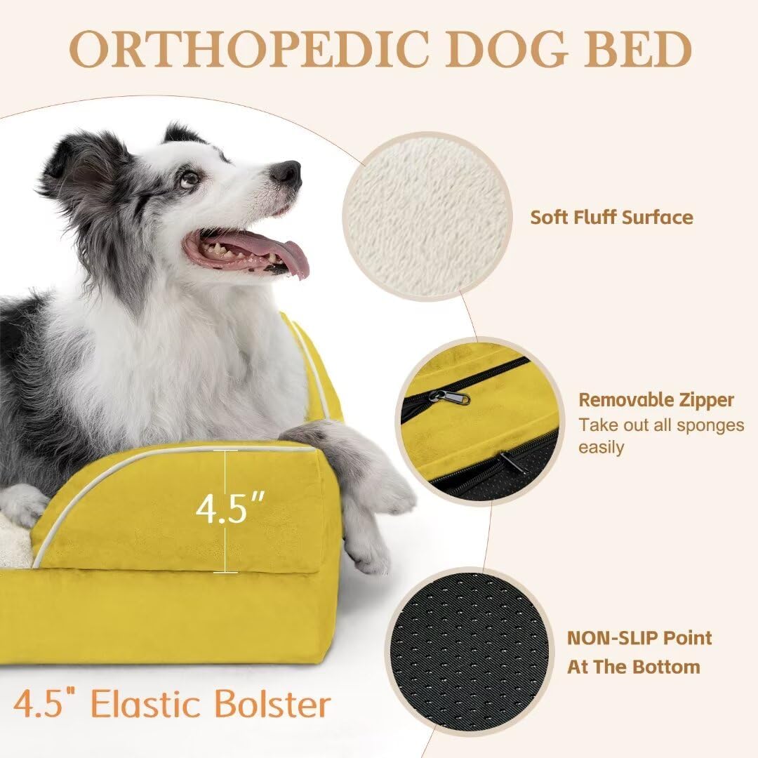Comfort Expression Waterproof Dog Beds Large Sized Dogs, Large Dog Beds Orthopedic Foam, Comfy Pet Bed Sofa with Washable Removable Cover & Non-Slip Bottom(Spicy Mustard)