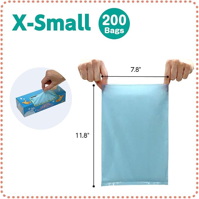BOS Amazing Odor Sealing Dog Poop Bags - Durable and Unscented [Size: XS, Color: Light Blue] (200 Count, Pack of 1) (200Bags)