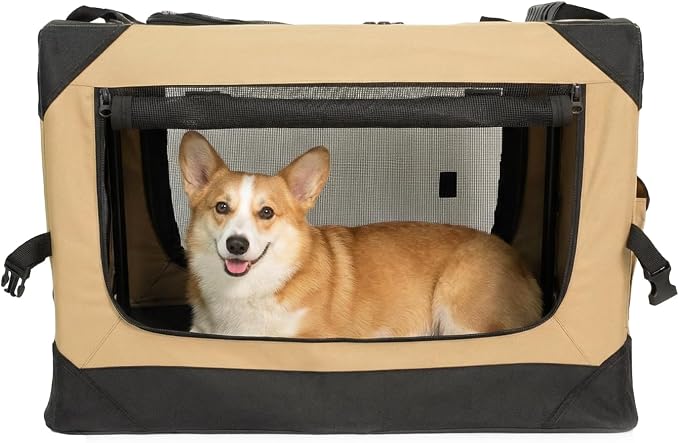 26 Inch Soft Collapsible Crate for Small Dogs, 4-Door Portable Foldable Soft Kennel with Chew Proof Mesh Windows for Indoor & Outdoor Travel Beige