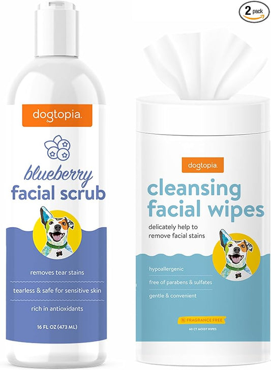 Dogtopia Blueberry Facial Cleansing Wash for Dogs (16oz) and Facial Wipes (60ct) Combo | Gently Remove Tear Stains | Remove Saliva Stains | Brighten and Whiten Coat | Daily Tear Stain Wipes