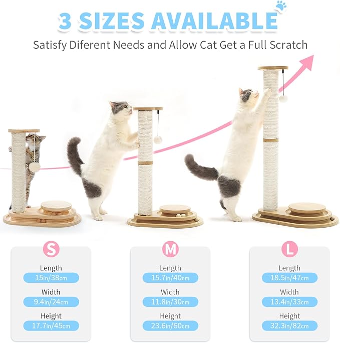 Made4Pets Cat Scratching Post Cat Scratcher Kitten Toys for Indoor Cats Wooden Ball Track Two-Layer Modern Sisal 32" Tall Scratch Post Interactive Toy with Dangling Ball Large Size