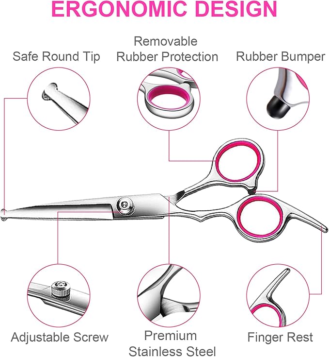 TINMARDA Dog Grooming Kit, Professional Stainless Steel Dog Grooming Scissors with Curved Shears, Pink Finger Rings - 4 Piece Sharp Durable Pet Shears for Dogs Cats At Home Salon-Quality Grooming