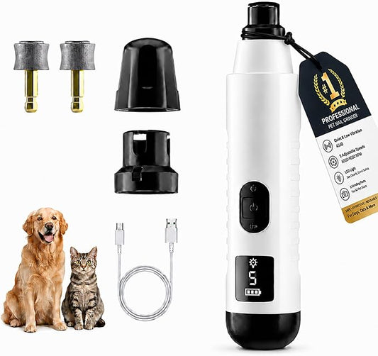 Silent Pro Nail Grinder for Dog Quiet Trimmers File 5 Speed Pet Clippers to Cats Grooming Tool Toenail Cutter Electric Whisper Puppy Guard Light Supplies Helper with 2 Sanding Pads Accessories