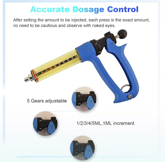 2-Piece 50ML Semi Automatic Livestock Syringe, 5-Gear Dose Adjustable, Continuous Repeating Luer Lock Syringe, Cow Goat Sheep Cattle Vaccine Gun, Farm Ranch Veterinary Syringes