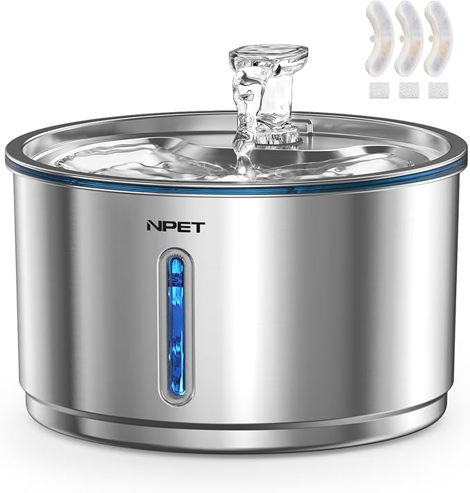 NPET Stainless Steel Cat Water Fountain, 1Gallon/135oz Automatic Pet Drinking Fountain Dog Water Dispenser with 3 Replacement Filters for Cats Indoor