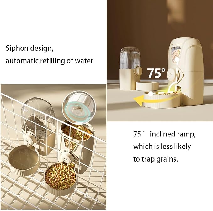 Hanging Pet Feeder Water Dispenser Set - 2-in-1 Gravity Food Water Bowl for Cats Small Dogs Rabbits, Cage Mounted No-Spill Pet Feeding Station (Light Coffee)