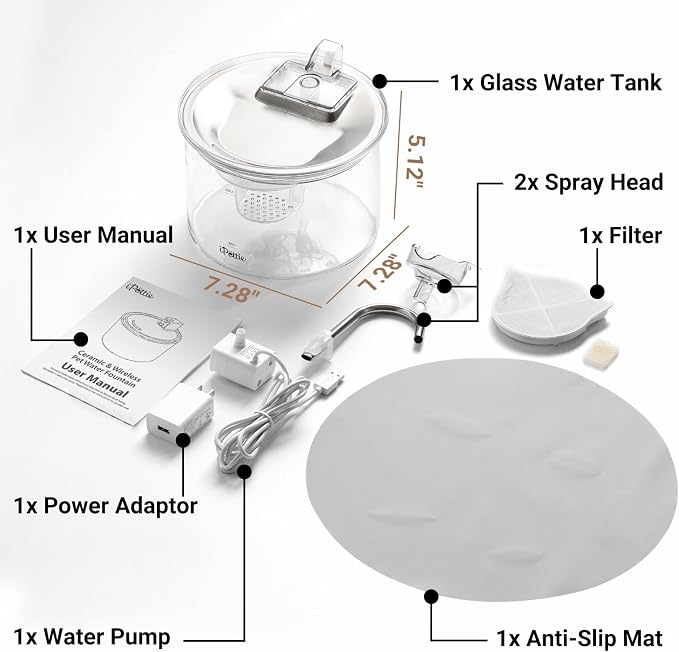 iPettie Glass Cat Water Fountain, Kitty Spout Water Fountain 68oz/2L for Cats Dogs with 2 Spray Heads, 3-Stage Filtration, Automatic Water Dispenser, Glass & Stainless Steel