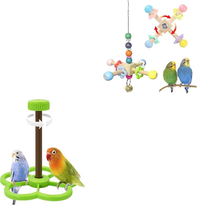 2pcs Bird Spinner Toys with Bells & Washable Spinning Perch, Natural Wood Chewing Hanging with 360° Rotation for Cockatiel Conure Lovebird Budgie Quaker