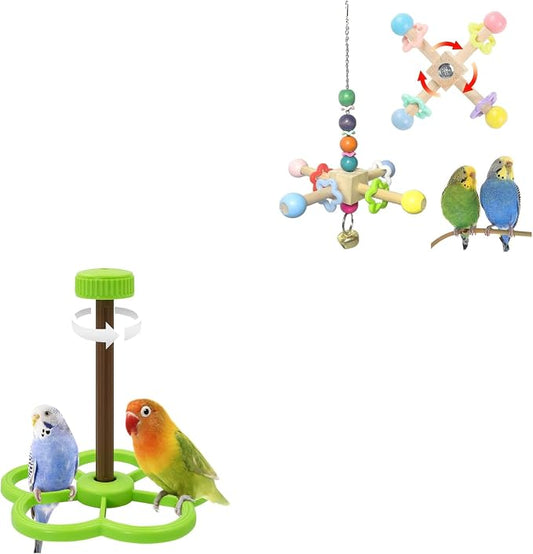 2pcs Bird Spinner Toys with Bells & Washable Spinning Perch, Natural Wood Chewing Hanging with 360° Rotation for Cockatiel Conure Lovebird Budgie Quaker