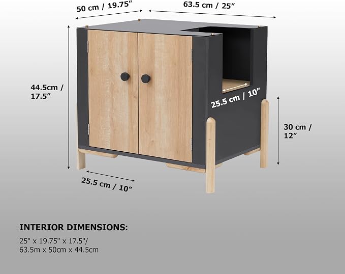 Teamson Pets Ryder Elevated Large Wooden Cat Litter Box Enclosure with Translucent Desktop, Dim Grey