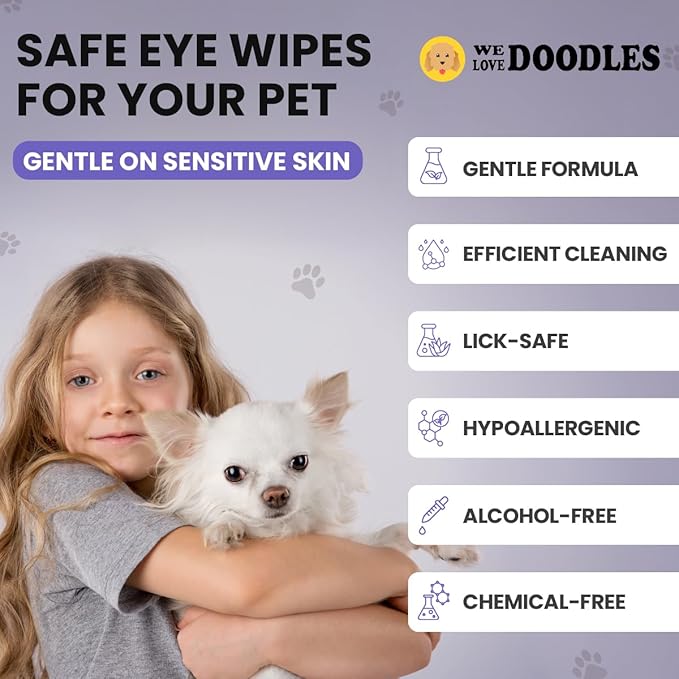 We Love Doodles Dog Eye Wipes & Dog Face Comb Bundle - Pre-Soaked Eye Wipes for Dogs, Tear Stain Remover for Dogs, Pet Eye Wipes, Dog Eye Cleaner, Flea Comb for Dogs, Fine Tooth, Removes Crust & Mucus