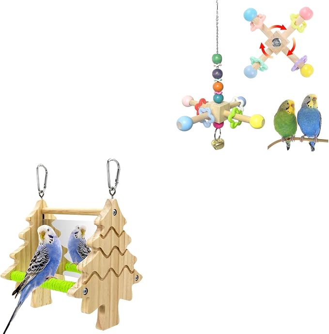2PCS Natural Wood Bird Spinner Toys & Mirror Perch Set - Chewing Hanging Toys with 2-Sided Mirrors for Cockatiel, Conure, Lovebird, Budgie, Quaker