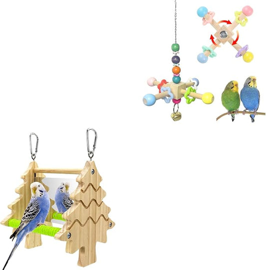 2PCS Natural Wood Bird Spinner Toys & Mirror Perch Set - Chewing Hanging Toys with 2-Sided Mirrors for Cockatiel, Conure, Lovebird, Budgie, Quaker