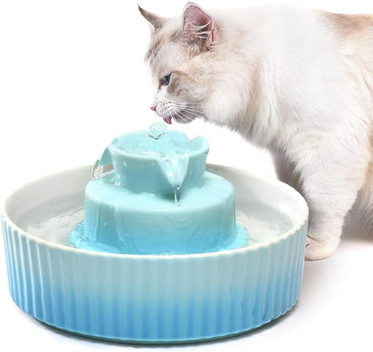 360 Ceramic Pet Fountain, Advanced Porcelain Cat Water Fountain, 70 oz.Drinking Fountains Bowl for Cat and Dogs with Replacement Filters and Foam (Green Blue)