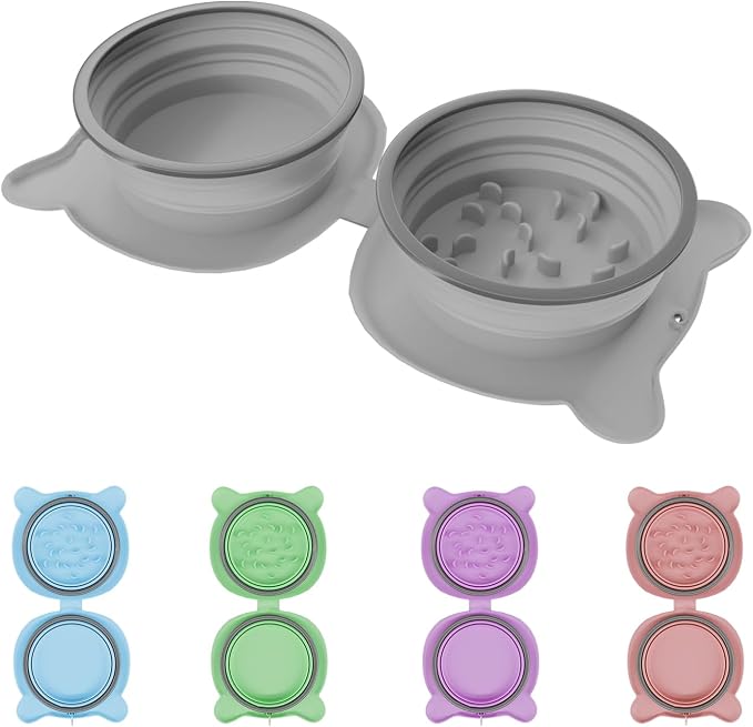 Dog Bowls Pet Collapsible Slow Feeder Outdoor, Dog Travel Bowls Portable Foldable Cat Water Dish Bowl for Pets Walking Parking Camping (Gray(Two Bowl Slow Feeder))