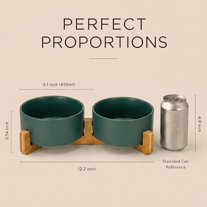 SPUNKYJUNKY Ceramic Dog and Cat Bowl with Wood Stand Non-Slip Matte Glaze Weighted Food Water Set for Cat Medium Dog 28.7 OZ