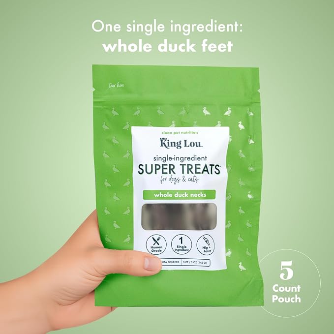 King Lou Pets - Whole Duck Necks for Dogs & Cats - Dehydrated Dog Treats - USA-Made Dental Chews for Dogs - Protein-Rich Collagen Snacks, 5 Count
