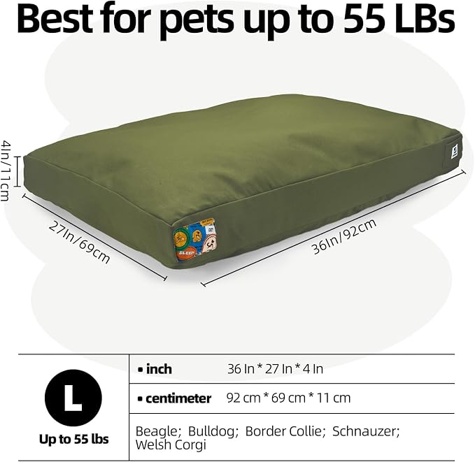 Sytopia 36 Inch Canvas Indestructible Outdoor Dog Bed for Large Dogs, Chew Proof Dog Bed with Waterproof Machine Washable Removable Cover, Durable Indoor Patio Pet Pad for Crate, Green