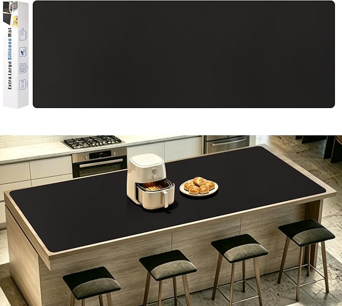 120" x 16" Extra Long Silicone Countertop Mat, Kitchen Counter Protector for Coffee Station & Air Fryer, Heat Resistant Waterproof Non-Slip Silicone Mat, Food Safe Countertop Protection, Black
