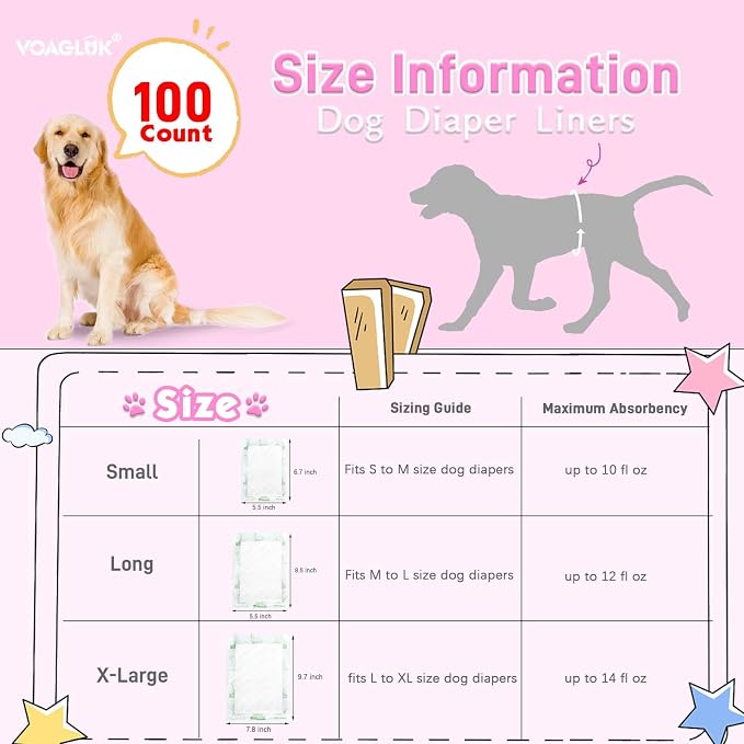Dog Diaper Liners for Male and Female Dogs, 100ct, Super Absorbent Disposable Dog Diapers Booster Pads fit Most Pet Belly Bands and Wraps (Regular)