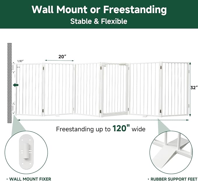 Snagle Paw Full Metal Freestanding Dog Gate with Door, 120” W x 32” H Pet Gate with Support Feet for Doorways, Stairs and Hallways, Portable Dog Fence for Indoor Use(32" 6 Panel, White)